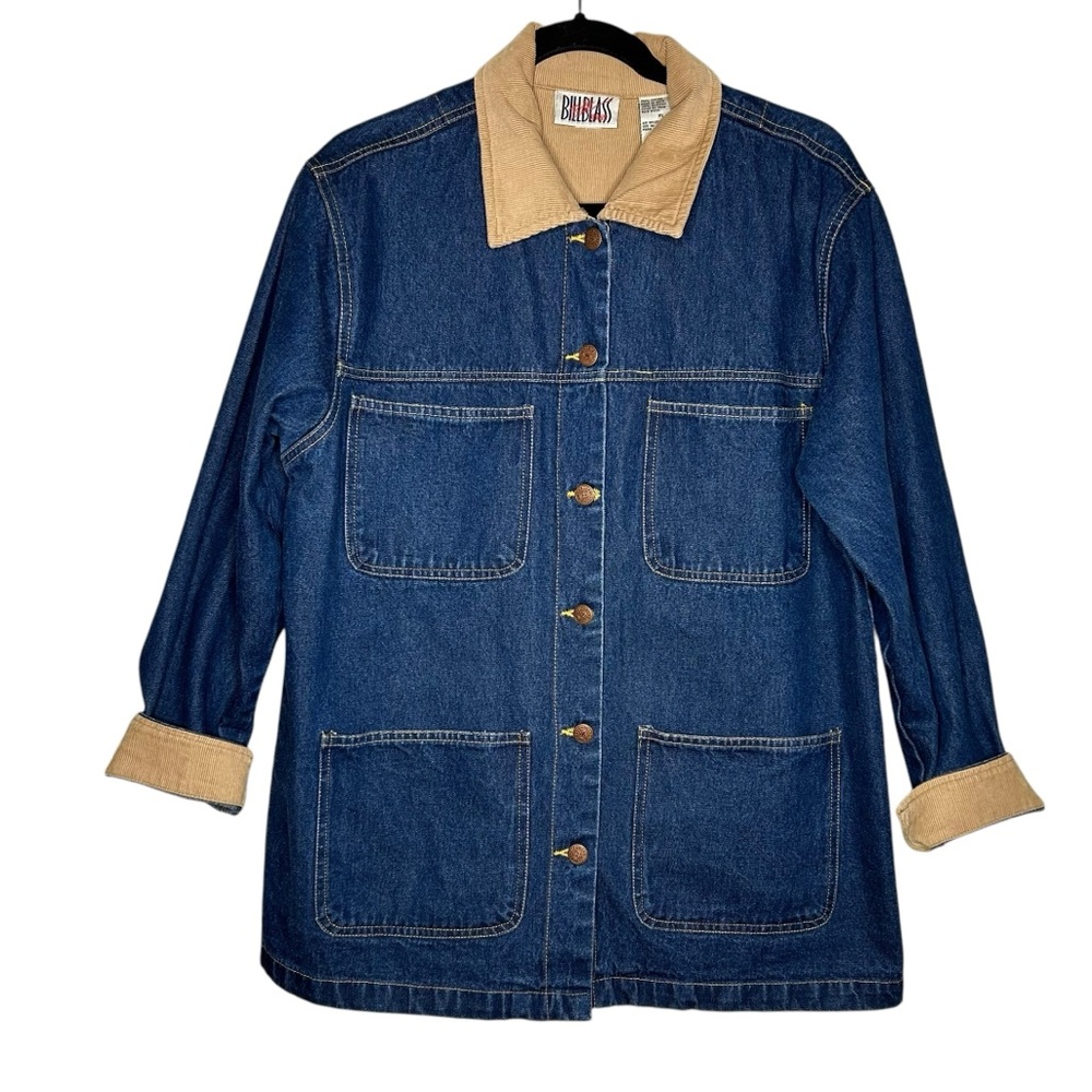 Vintage 90s Bill Blass Denim Barn Jacket Chore Coat Corduroy Collar USA Large